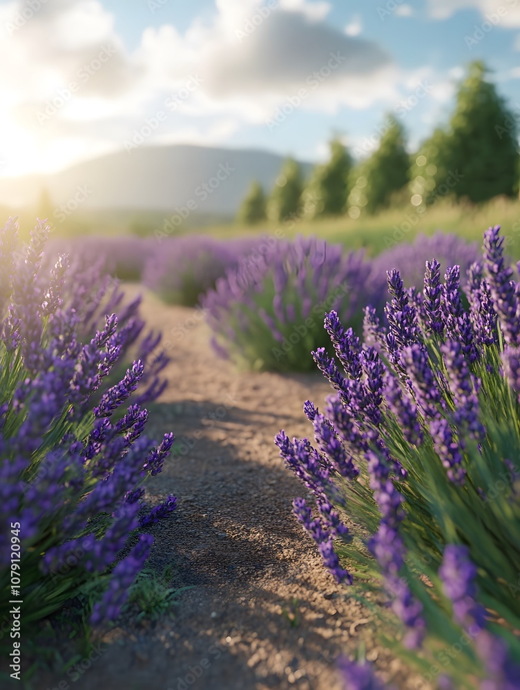 Obraz premium A dirt path winds through a field of blooming lavender under a bright blue sky.