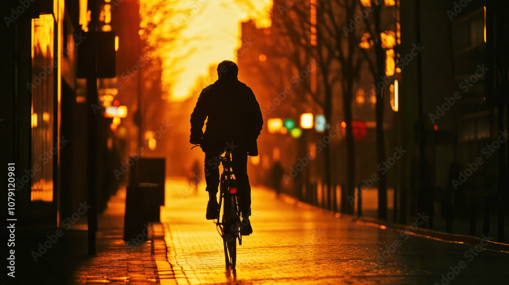 Silhouette of a man riding a bicycle through the city streets in the evening glow Silhouette of a man riding a bicycle through the city streets in the evening glow