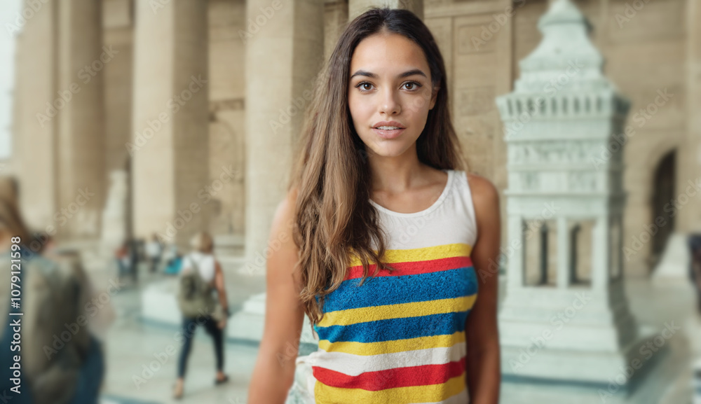 young adult brunette woman wearing cozy tank top, smiling with good mood, standing at fictional temple or pyramid, ancient cultures and travel young adult brunette woman wearing cozy tank top, smiling with good mood, standing at fictional temple or pyramid, ancient cultures and travel