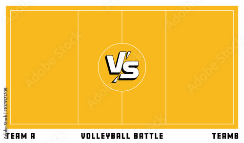 Volleyball court with a VS sign on central. Concept of sport match between two teams, Team A and Team B. Can be used for sports graphics, posters, or event promotions. Vector illustration