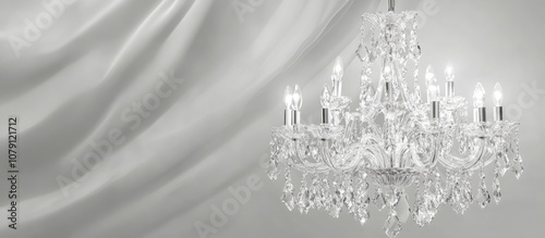 Closeup of an elegant chandelier adorned with crystals set against a glamorous background with ample copy space for luxurious interior design themes