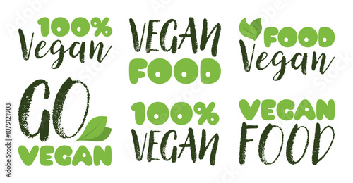 Collection of vegan food labels promoting a 100 percent plant-based, eco-friendly lifestyle. Design concept of organic, healthy, and natural food for product labeling, packaging and branding