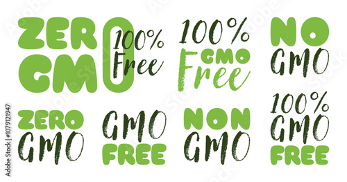 A set of typography designs of zero, free and non gmo slogan. Design concept of organic, healthy, and natural food for product labeling, packaging and branding. Vector illustration