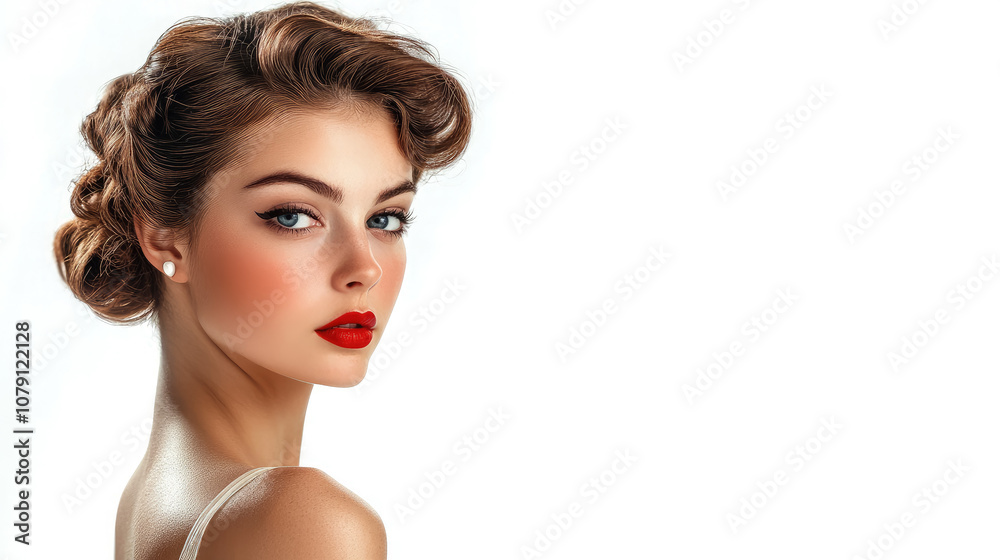 Fototapeta premium young smiling woman with red lips wearing retro pin-up dress on white background, vintage fashion, beautiful girl in 1930s style outfit, horizontal illustration, copy space, femininity and elegance
