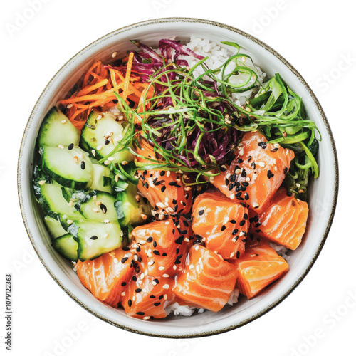 Obraz na płótnie PNG Fresh salmon poke bowl with colorful vegetables w salonie