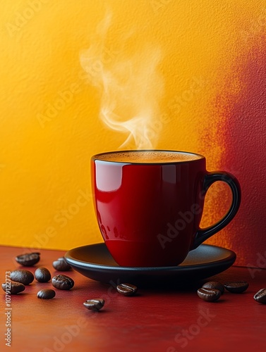 A red coffee cup with a cheerful and vibrant red and yellow background.  photo