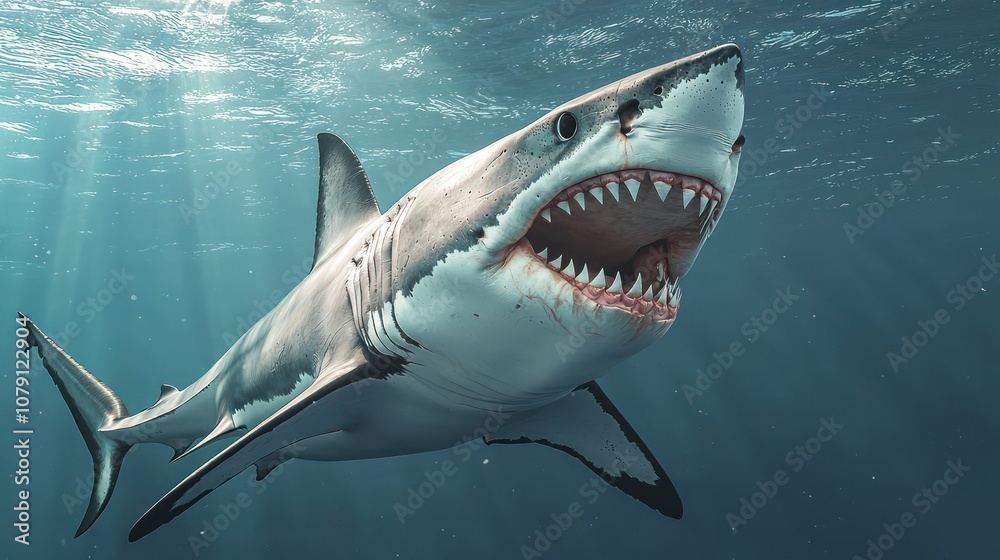 Naklejka premium Open-mouthed white shark showcasing its formidable teeth in a 3D render