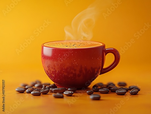 A red coffee cup with a cheerful and vibrant red and yellow background.  photo