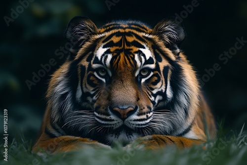 Focused Tiger Portrait with Sharp Eyes in Green Grass.