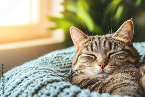 Sleeping cat in cozy blanket, basking in warm sunlight, surrounded by greenery. peaceful scene evokes sense of tranquility and comfort