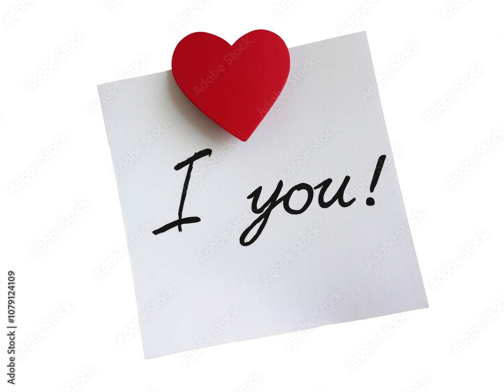 A white sticky note featuring a handwritten I love you message and a small red heart, set against a white background A white sticky note featuring a handwritten I love you message and a small red heart, set against a white background