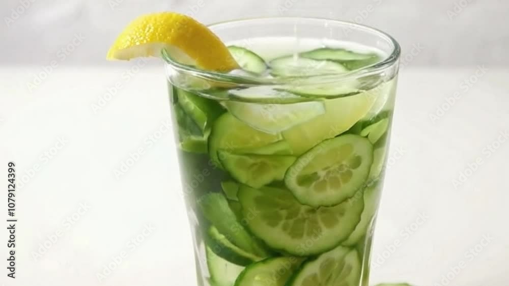 close-up of cucumber juice flowing into a glass with lemon slice garnish, fresh cucumber juice being poured into a glass with lemon slice on rim close-up of cucumber juice flowing into a glass with lemon slice garnish, fresh cucumber juice being poured into a glass with lemon slice on rim
