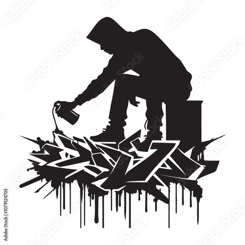Person painting graffiti silhouette vector art black color design and solid white background 