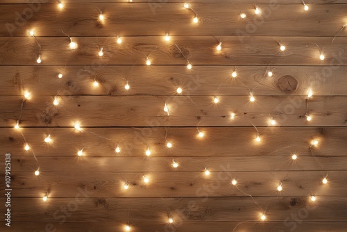 Wooden background with lights, rustic style The wooden surface is covered in garlands of warm white LED bulbs Copy space Generative AI