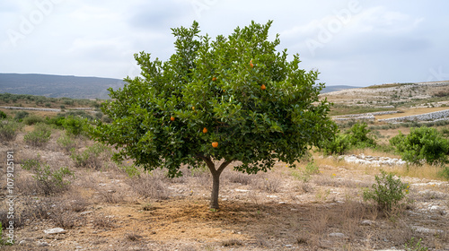 A Socotran Pomegranate tree thriving in a dry arid landscape with rugged rocks and sparse vegetation around itA Socotran Pomegranate tree thriving in a dry arid landscape with rugged rocks and sparse photo