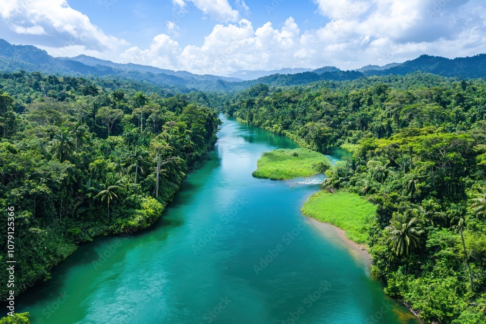 Panoramic view a serene river flowing through a vibrant rainforest Panoramic view a serene river flowing through a vibrant rainforest