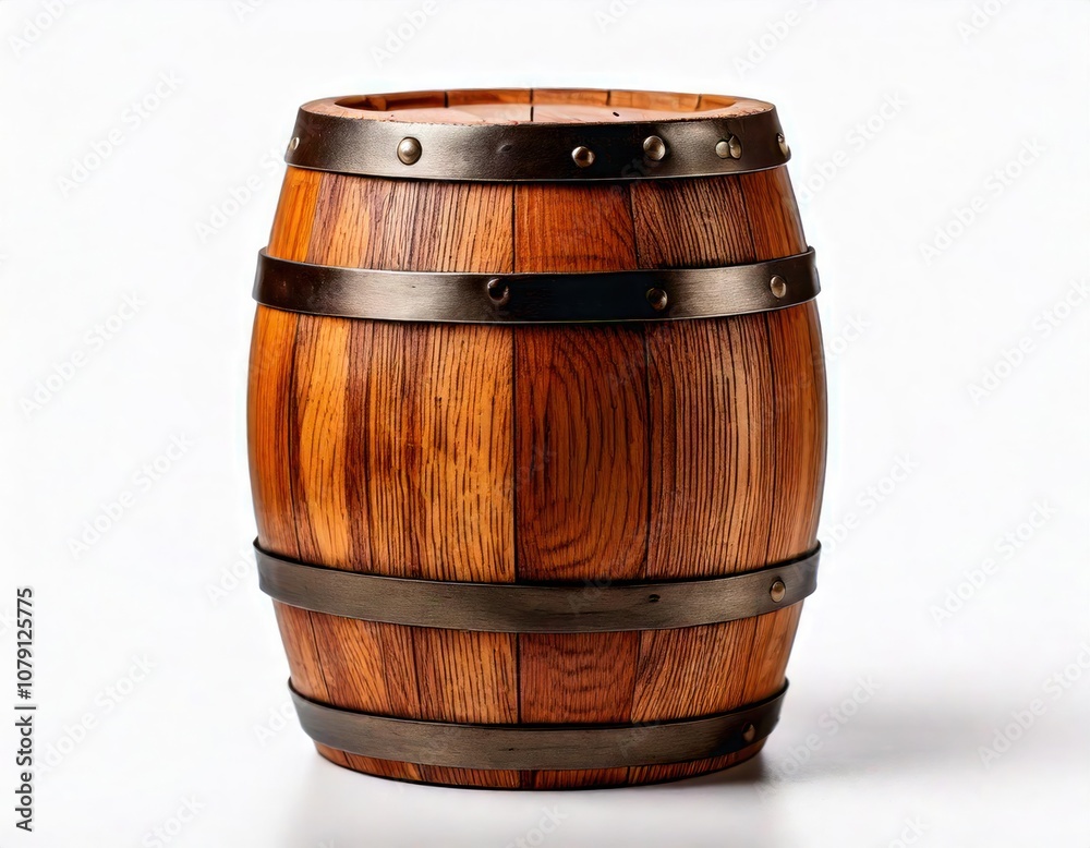 Wooden barrel with metal bands, isolated on white background. Wooden barrel with metal bands, isolated on white background.