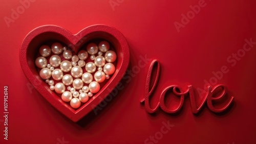 Heart-shaped box filled with pearls beside scripted love on red background photo