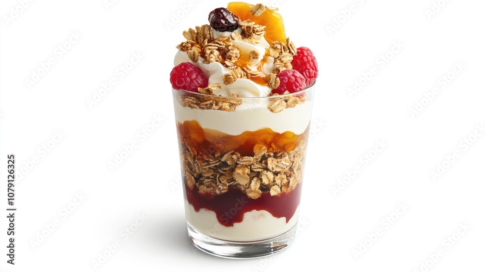 yogurt parfait with granola and fruits, layered presentation, modern and stylish, isolated on white background yogurt parfait with granola and fruits, layered presentation, modern and stylish, isolated on white background