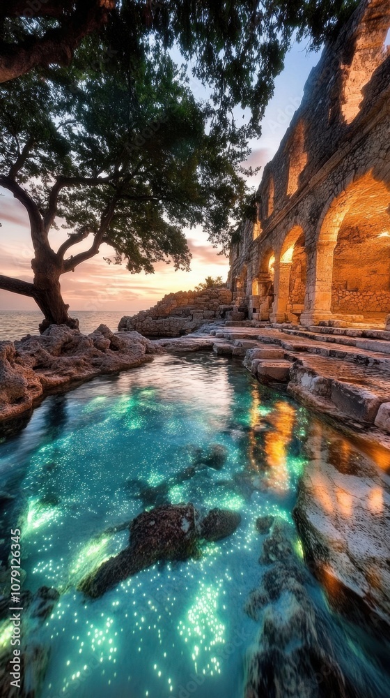 An ancient place with a serene pool and a lush tree, creating a calm and enchanting atmosphere, perfect for a phone wallpaper.
An ancient place with a serene pool and a lush tree, creating a calm and enchanting atmosphere, perfect for a phone wallpaper.