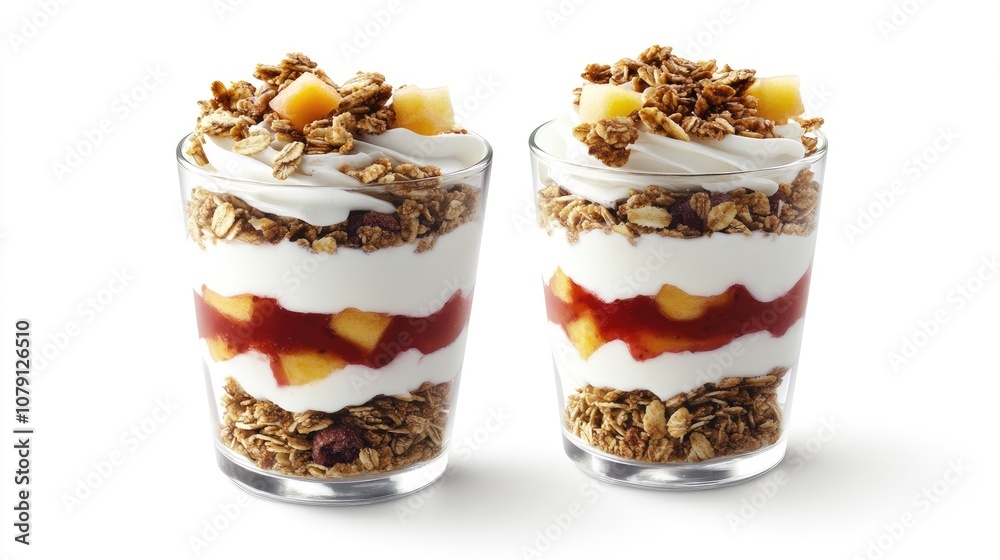 yogurt parfait with granola and fruits, layered presentation, modern and stylish, isolated on white background yogurt parfait with granola and fruits, layered presentation, modern and stylish, isolated on white background
