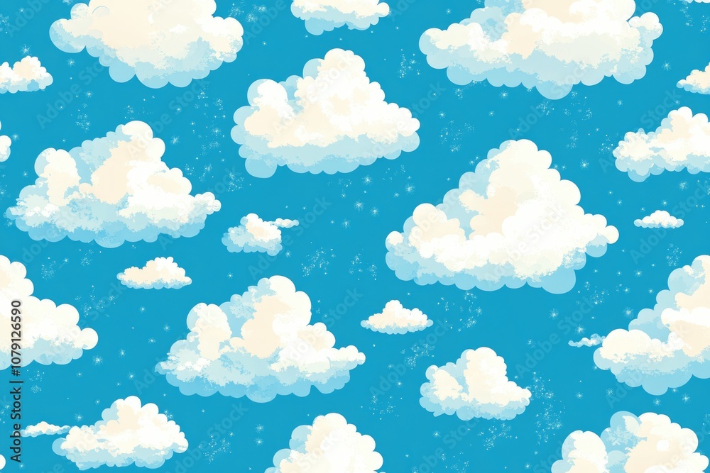 Fototapeta premium Whimsical Sky Pattern with Cartoon Clouds and Rainbow Background