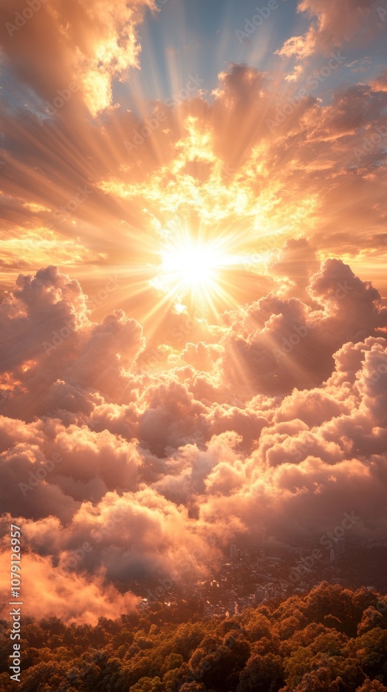 Fototapeta premium A bright, shining sun illuminates the sky as it breaks through the clouds, with radiant beams creating a stunning display of light and shadow, perfect for a phone wallpaper.