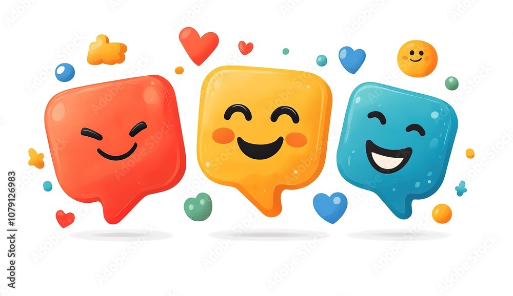 Obraz premium Three colorful chat bubbles with happy faces, expressing positive emotions.