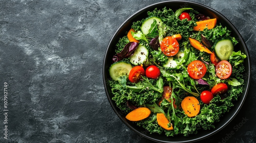 Fresh and vibrant salad with colorful vegetables in a black bowl Fresh and vibrant salad with colorful vegetables in a black bowl