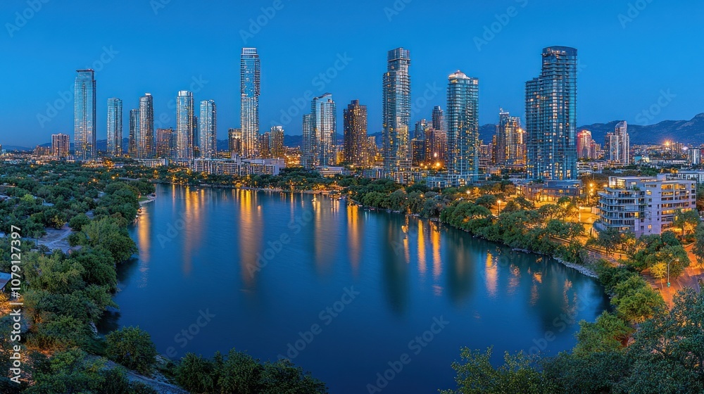 City skyline at dusk reflected in a lake with trees in the foreground. City skyline at dusk reflected in a lake with trees in the foreground.