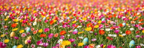 A beautiful field of colorful flowers with a row of easter eggs in the middle, perfect for spring and Easter themed designs, celebration, seasonal