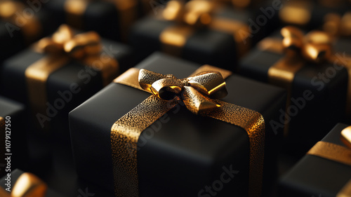 black and gold presents with a shiny metallic ribbon tied into bows Luxurious gifts, grid, background - rewards, anniversary, christmas - elegant and expensive wrapping paper. Shallow depth of field photo