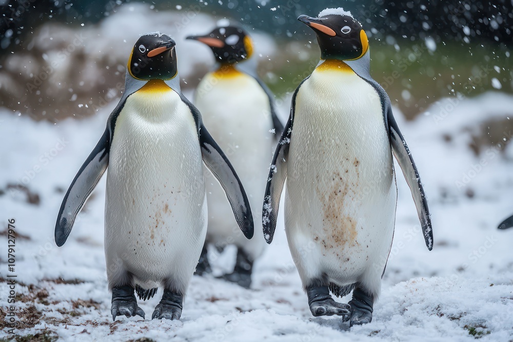 Fototapeta premium Penguins walking together on snowy ground in cold weather