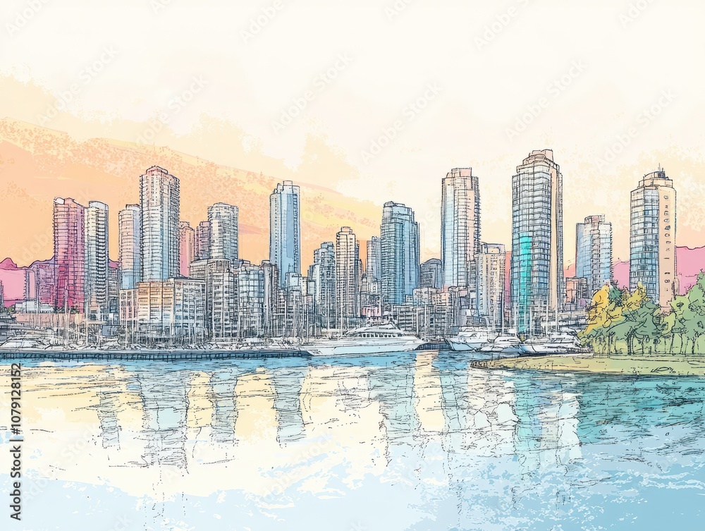 Fototapeta premium Hand_drawn_illustration._Color_panorama_of_the_Vancouver_City_Cityline_2