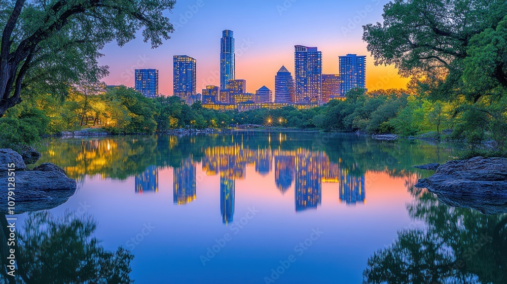 Naklejka premium City skyline reflected in a calm lake at dusk.