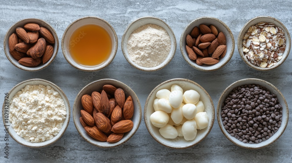 Various ingredients arranged in bowls for cooking or baking purposes Various ingredients arranged in bowls for cooking or baking purposes