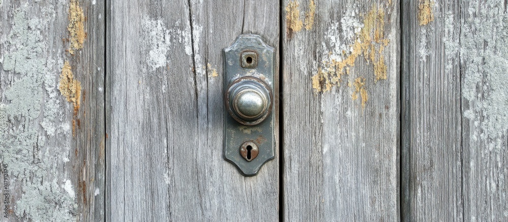 Close up of a weathered wooden door slightly ajar with a sleek silver handle inviting curiosity and exploration Close up of a weathered wooden door slightly ajar with a sleek silver handle inviting curiosity and exploration