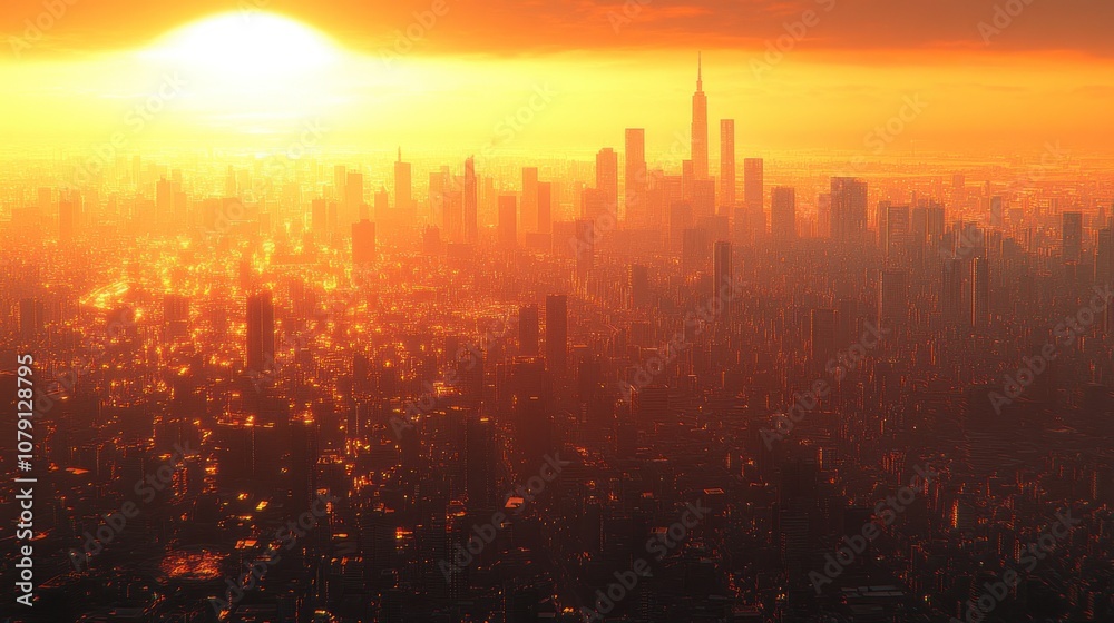 Cityscape at sunrise with a golden glow over the buildings. Cityscape at sunrise with a golden glow over the buildings.