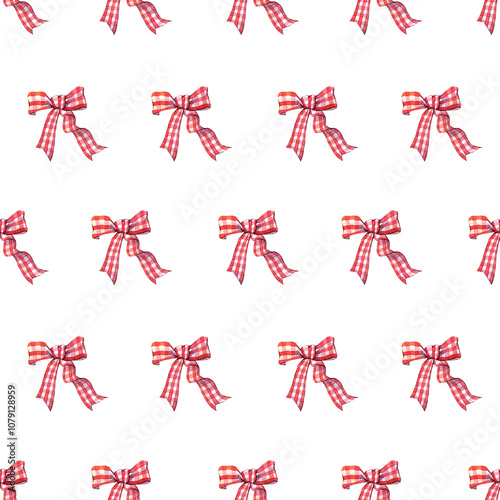 Seamless pattern with watercolor red bows on a white isolated background