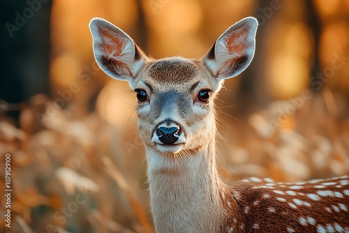 Gentle Spotted Deer Looking Up in Autumn Grassland