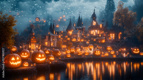 Futuristic scene of a gnome festival where 3Dprinted jackolanterns light up a Halloween parade representing a modern twist on Halloween traditions