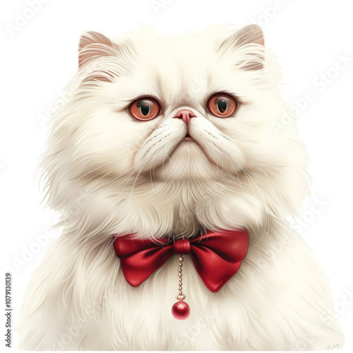 White Persian cat with red bow, isolated on white background, regal and elegant. Cut out or PNG.