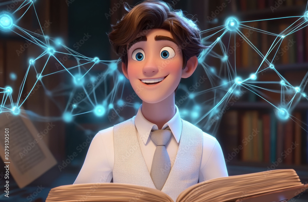 cartoon character with glasses holds an open book, while neon lights and symbols swirl around, showcasing the lively digital world. cartoon character with glasses holds an open book, while neon lights and symbols swirl around, showcasing the lively digital world.