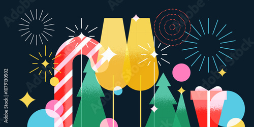 New Year Christmas night party banner, poster, holiday greeting card design. Vector illustration of champagne, fireworks