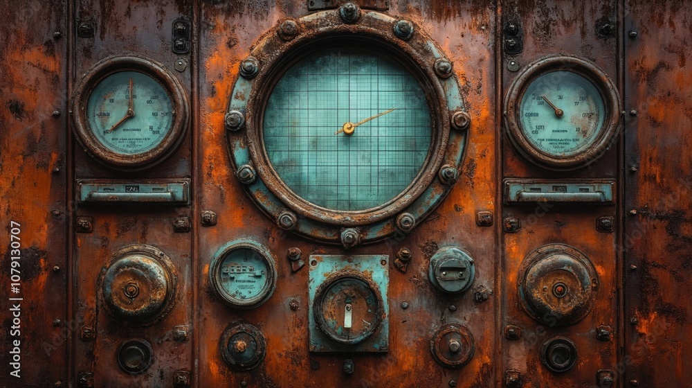 Vintage industrial control panel with rusty orange metal surface ...