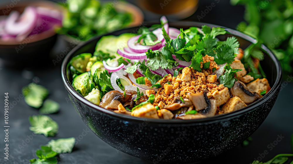 A vibrant bowl of salad topped with fresh herbs, vegetables, and crunchy toppings, ideal for health-conscious eaters.