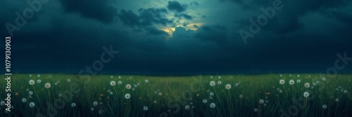 A serene painting of a dandelion standing tall amidst a lush field of grass and colorful flowers, under a dramatic dark sky filled with swirling patterns, generative AI, serene photo