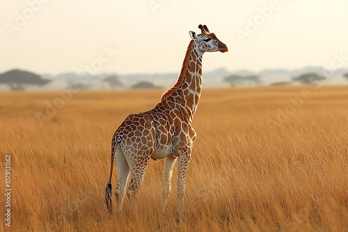 Giraffe in Golden Grass Field Safari Landscape photo