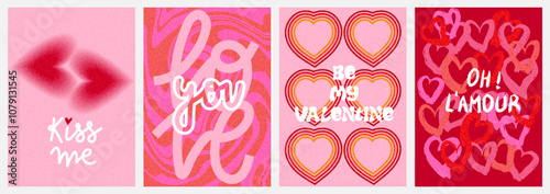 Valentine´s day greeting card or poster collection with hearts, quotes and textures in pink and red colors. Grainy effect added
