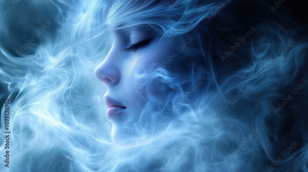 Woman's face is shown in a blue smokey haze. The smoke is swirling around her face, creating a dreamy, ethereal effect. The woman's eyes are closed, and her mouth is open